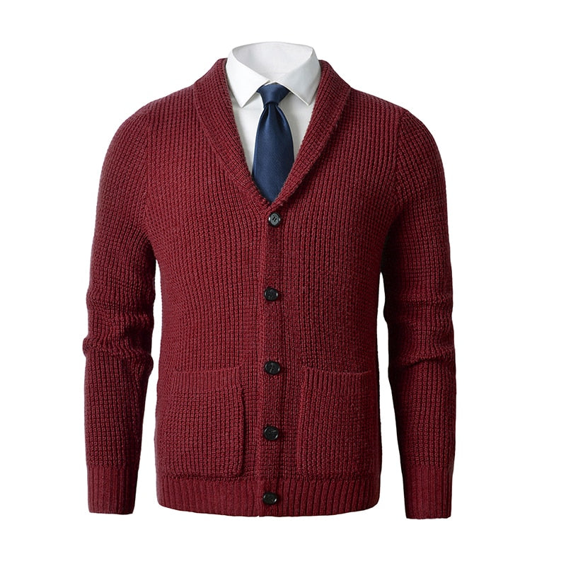 Men's Shawl Collar Cardigan Sweater Slim Fit Cable Knit Button up Merino wool Sweater with Pockets