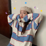 New Harajuku Panelled Blue Striped Men Tshirt Long Slevees Loose Minimalist Casual Clothes Crew Neck Unisex Teen Streetwear
