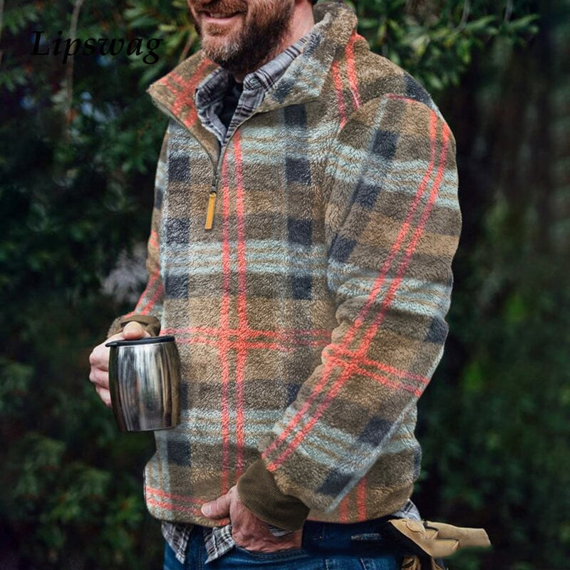 Gotmes Oversized Autumn Winter Warm Long Sleeve Loose Sweaters For Men Casual Turn-down Collar Plaid Print Top Mens Fashion Streetwear