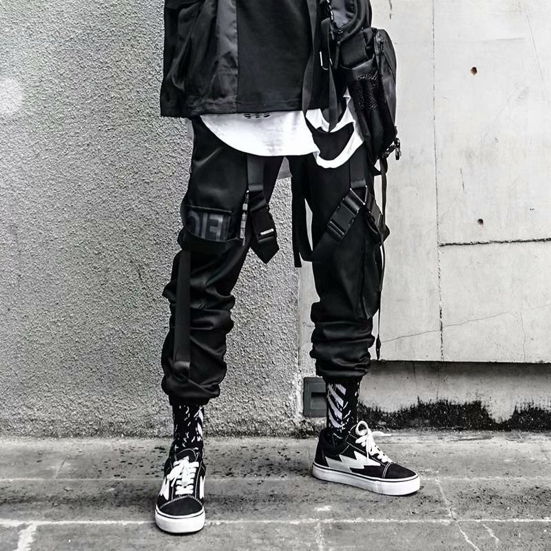 Men Hip Hop Black Cargo Pants joggers Sweatpants Overalls Men Ribbons Streetwear Harem Pants Women Fashions Trousers