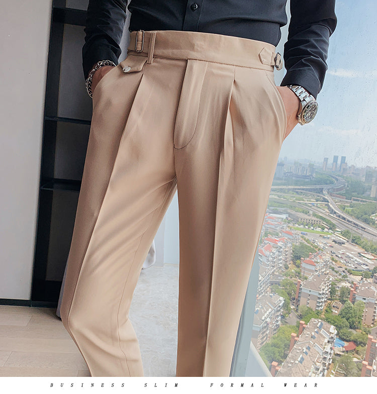 Gotmes   New Design Men High Waist Trousers Solid England Business Casual Suit Pants Belt Straight Slim Fit Bottoms White Clothing