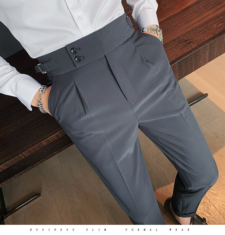 Gotmes   New Design Men High Waist Trousers Solid England Business Casual Suit Pants Belt Straight Slim Fit Bottoms White Clothing