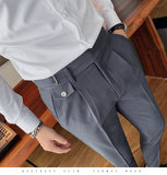 Gotmes   New Design Men High Waist Trousers Solid England Business Casual Suit Pants Belt Straight Slim Fit Bottoms White Clothing