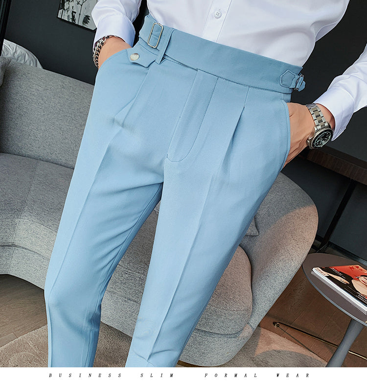 Gotmes   New Design Men High Waist Trousers Solid England Business Casual Suit Pants Belt Straight Slim Fit Bottoms White Clothing