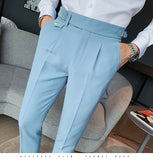 Gotmes   New Design Men High Waist Trousers Solid England Business Casual Suit Pants Belt Straight Slim Fit Bottoms White Clothing