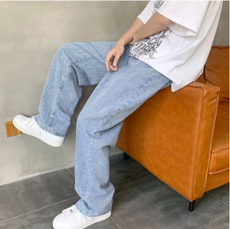 Summer thin men's fashion famous brand versatile loose straight Summer wide leg pants clothes streetwear hiphop denim