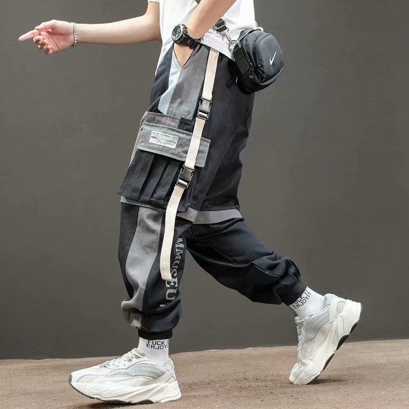Men Hip Hop Black Cargo Pants joggers Sweatpants Overalls Men Ribbons Streetwear Harem Pants Women Fashions Trousers