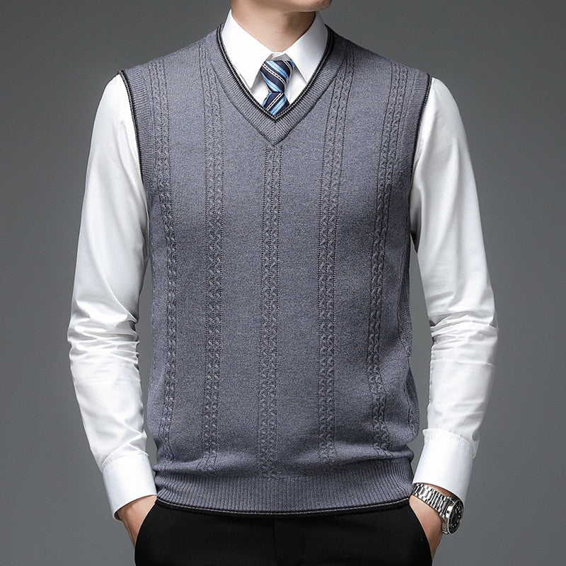 New Autum Fashion Brand Solid 6% Wool Pullover Sweater V Neck Knit Vest Men Trendy Sleeveless Casual Top Quality Men Clothing