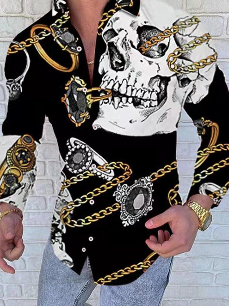 Gotmes Men Spring New Skull Print Shirt Men Fashion Trend Personality Casual Rhinestones Slim Long Sleeve Dress Shirt Men