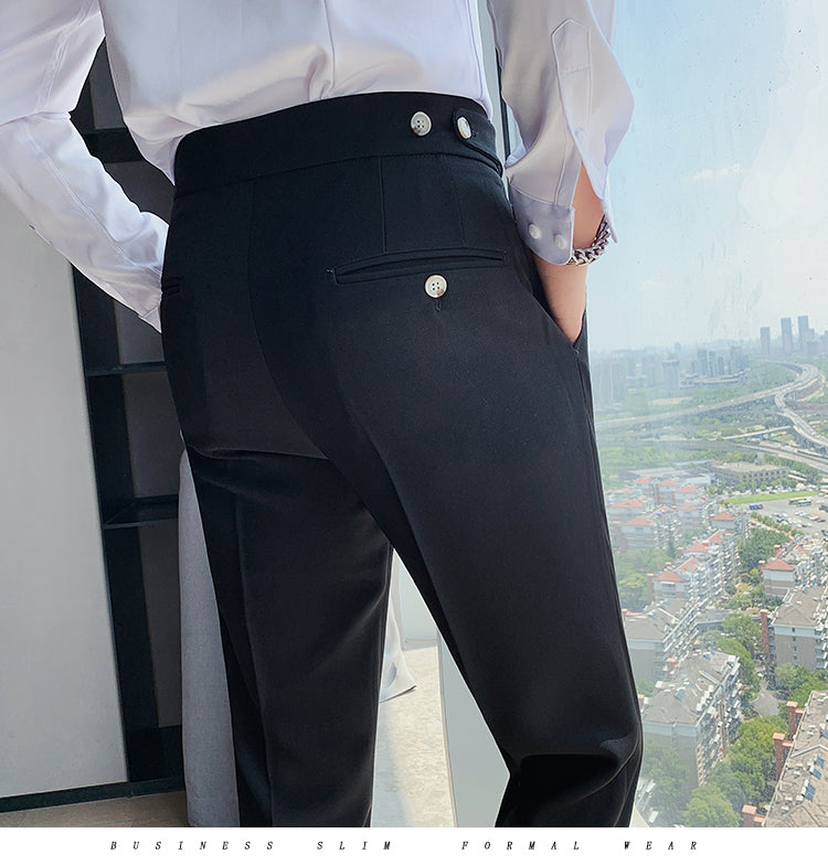 Gotmes   New Design Men High Waist Trousers Solid England Business Casual Suit Pants Belt Straight Slim Fit Bottoms White Clothing