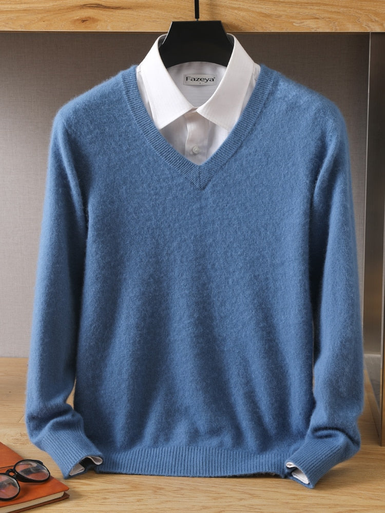 Men's 100% Mink Cashmere Sweater V-Neck Pullovers Knit Large Size Winter New Tops Long Sleeve High-End Jumpers