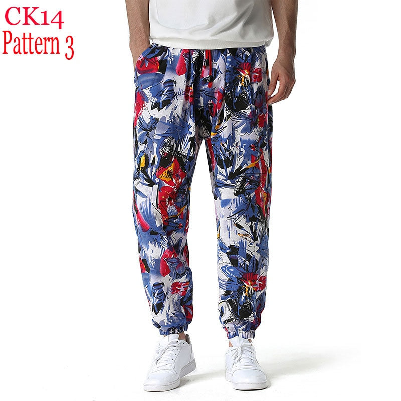 Fashion Traditional Nation Print Cotton Linen Joggers Pants Men Hip Hop Harem Trousers Mens Hippie Casual Streetwear Sweatpants