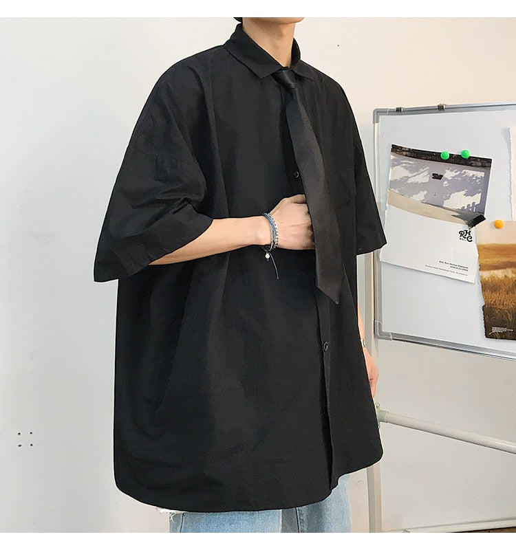 Gotmes Summer New Fashion Loose Solid Shirts Men's  Casual Short Sleeve Shirts Turn-down Collar Clothing Blouses Tops Q02