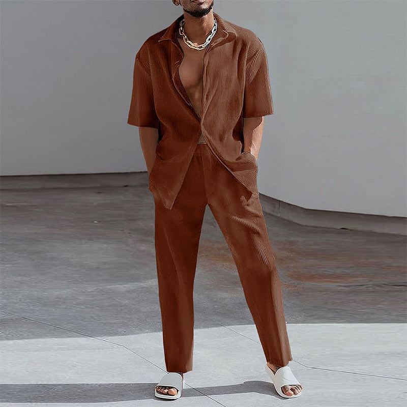 Fashion Print Two Piece Set Men Summer Short Sleeve Lapel Button Shirts And Straight Pants Suit For Mens Outfits Casual Clothing