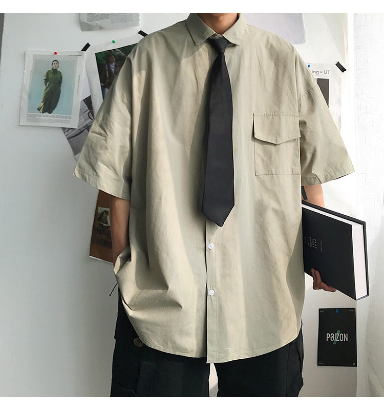 Gotmes Summer New Fashion Loose Solid Shirts Men's  Casual Short Sleeve Shirts Turn-down Collar Clothing Blouses Tops Q02