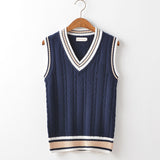 Sweater Vest Men Thicken V-neck Sleeveless Knitted Sweaters Vests Striped Retro Preppy-style Simple Chic Loose Casual All-match