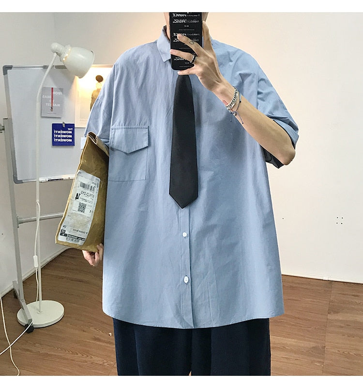 Gotmes Summer New Fashion Loose Solid Shirts Men's  Casual Short Sleeve Shirts Turn-down Collar Clothing Blouses Tops Q02