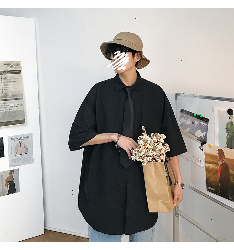 Gotmes Summer New Fashion Loose Solid Shirts Men's  Casual Short Sleeve Shirts Turn-down Collar Clothing Blouses Tops Q02