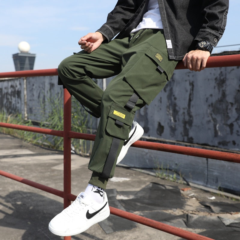Classic Streetwear Casual Men Ribbons Harem Jogging Pants Male Slim Fit Spring Cargo Pants Multi-Pockets Women Trousers Jo
