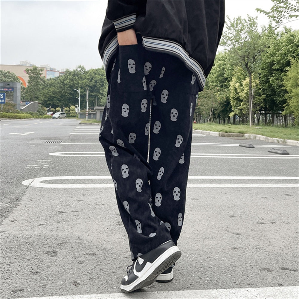 Harajuku Fahion Print Drawstring Casual Corduroy Men Baggy Pants Hip Hop Straight Sweatpants Male Loose Trousers