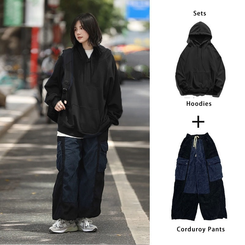 Men's Sets Corduroy Cargo Pants for Men Loose Men's Hoodies Sweatshirt Black Japanese Streetwear Hip Hop Harajuku Autumn
