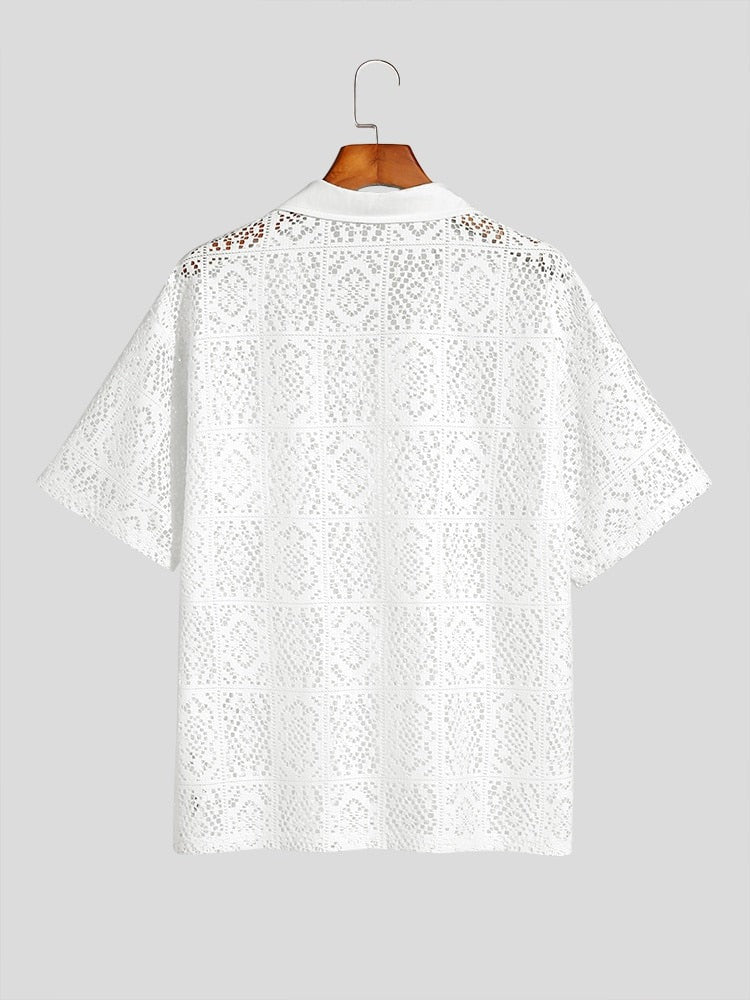 Fashion Casual Style New Men's Tops INCERUN Hollow Lace Pane Flower Printed Blouse Male Knitted Short-sleeved Shirts S-5XL