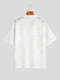 Fashion Casual Style New Men's Tops INCERUN Hollow Lace Pane Flower Printed Blouse Male Knitted Short-sleeved Shirts S-5XL