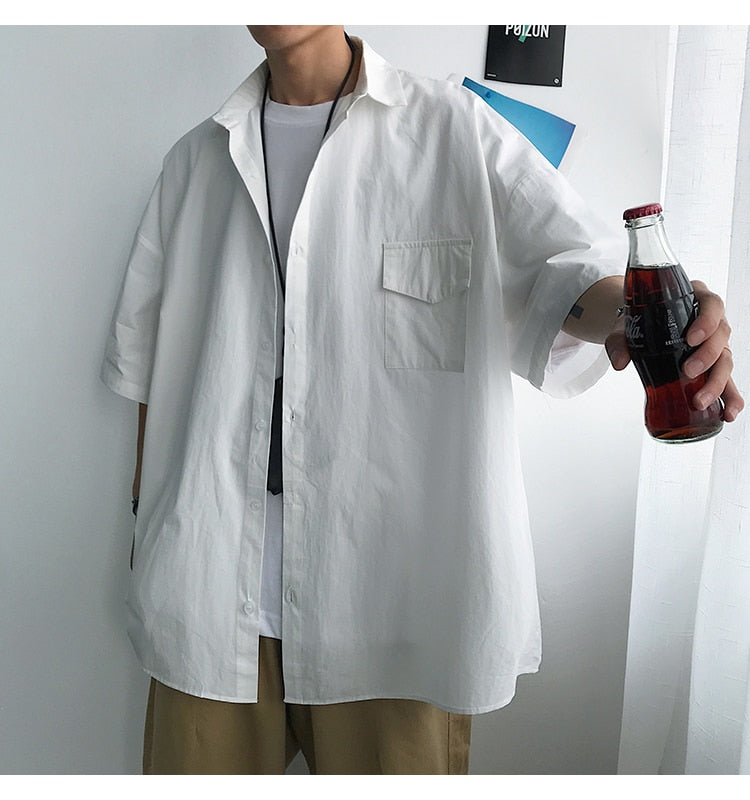 Gotmes Summer New Fashion Loose Solid Shirts Men's  Casual Short Sleeve Shirts Turn-down Collar Clothing Blouses Tops Q02