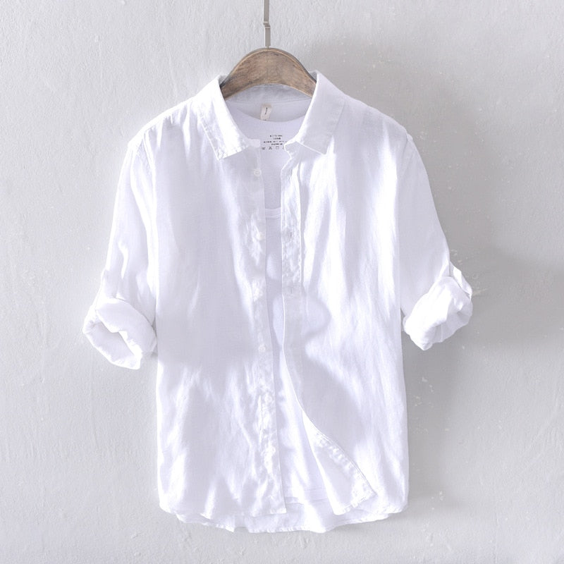 New Designer 100% Linen Long Sleeved Shirt Men Brand Casual Solid White Button Up Shirts for Men Top
