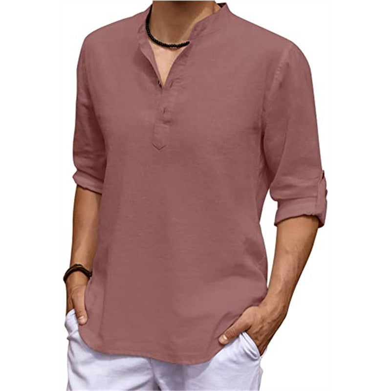 Men Shirt New Mens Linen Long Sleeve V-Neck T Shirt Solid Color Casual Hawaiian Shirt Yoga Button Breathable Top Shirts for Men