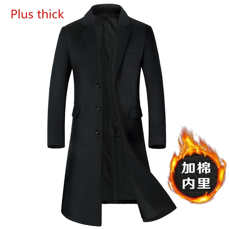 Autumn and Winter New Men's Woolen Woolen Coat Lengthened European Plus Size Korean Version Slim Plus Velvet Thick Coat Coat