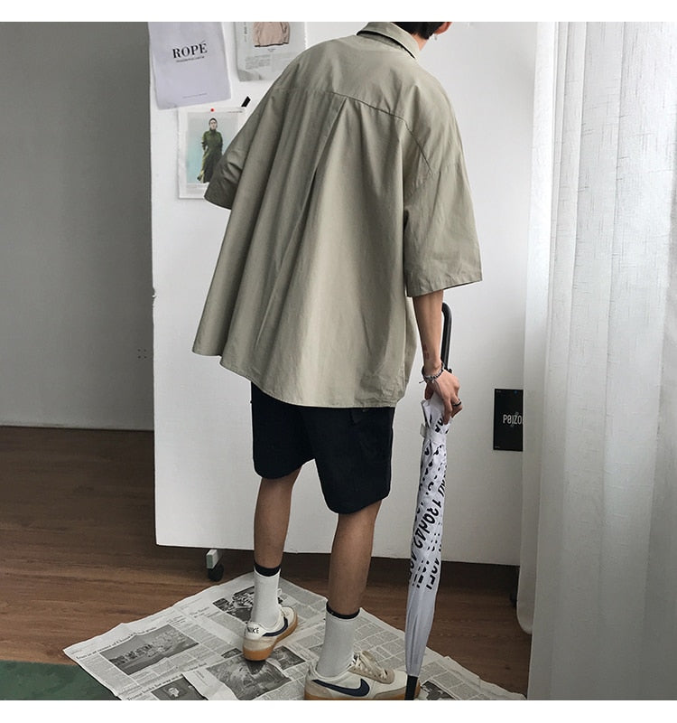 Gotmes Summer New Fashion Loose Solid Shirts Men's  Casual Short Sleeve Shirts Turn-down Collar Clothing Blouses Tops Q02