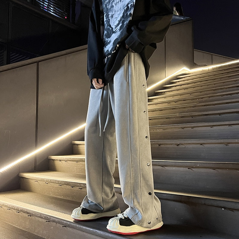 Streetwear Sweatpants Spring Men Pants Overalls Hip Hop Joggers Baggy Loose Side Buttons Trousers