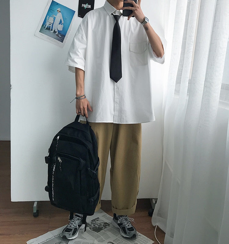 Gotmes Summer New Fashion Loose Solid Shirts Men's  Casual Short Sleeve Shirts Turn-down Collar Clothing Blouses Tops Q02