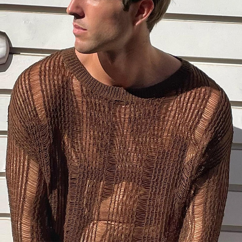 New Arrivals Autumn Sexy Hollow Mesh Knit T-shirts Men Streetwear Pullovers Solid Long Sleeve Crew Neck Tees Mens Clothing