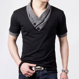 New Plus Size Summer Mens T-Shirts Fashion Slim Short Sleeve Patchwork V Neck Cotton Black T Shirt Men Button Tops & Tees