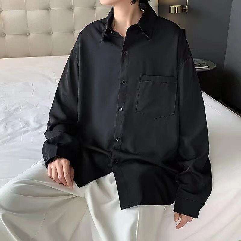 New Casual Khaki Long Sleeve Shirt Mens Pure Color Loose Casual Button Easy-care Dress Shirt for Men Clothing Streetwear