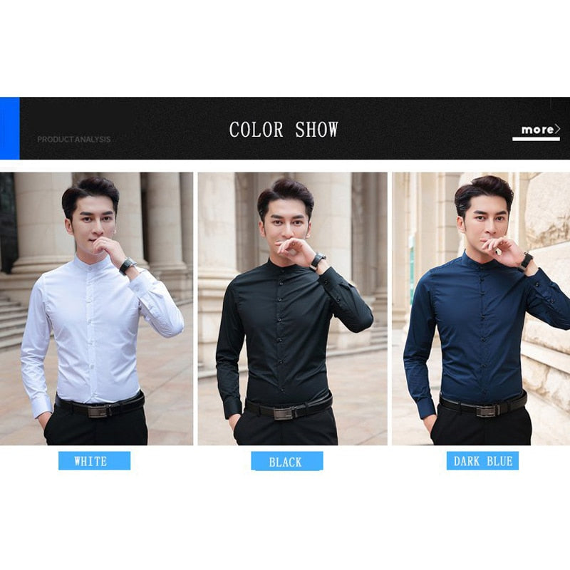 Brand New Men Shirts Business Long Sleeve Stand Collar Cotton Male Shirt Slim Fit Popular Designs Men's Fahion