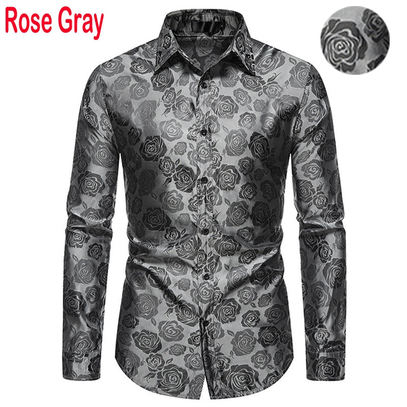 Men's Floral Black Dress Shirts Stylish New Long Sleeve Steampunk Shirt Men Party Club Bar Social Shirt Male Chemise Homme