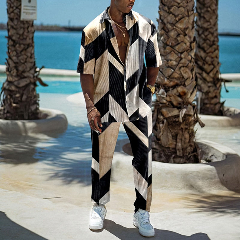 Fashion Print Two Piece Set Men Summer Short Sleeve Lapel Button Shirts And Straight Pants Suit For Mens Outfits Casual Clothing