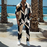 Fashion Print Two Piece Set Men Summer Short Sleeve Lapel Button Shirts And Straight Pants Suit For Mens Outfits Casual Clothing