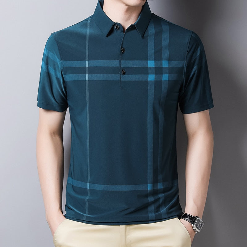 Business Polo Shirt Men Summer New Casual Loose Breathable Anti-wrinkle Short Sleeved Plaid Men Polo Shirt Men Tops