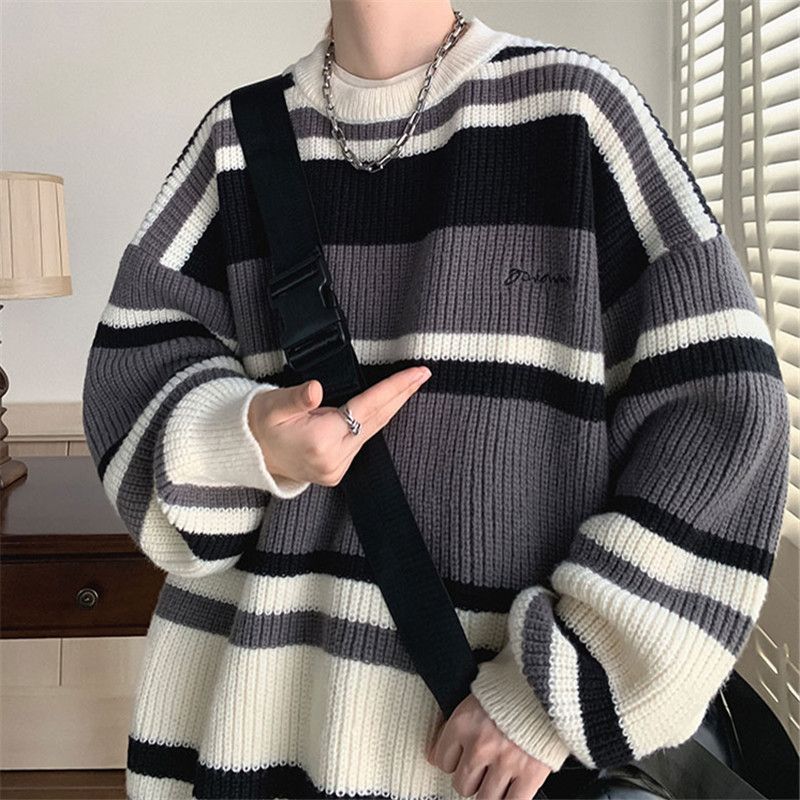 Autumn Winter New Round Neck Long Sleeve Embroidered Sweater Men Fashion Contrast Color Striped Loose Casual All-match Tops