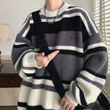 Autumn Winter New Round Neck Long Sleeve Embroidered Sweater Men Fashion Contrast Color Striped Loose Casual All-match Tops