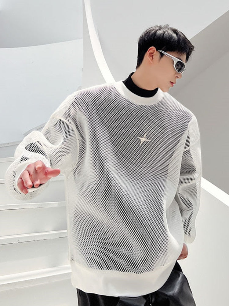 Hollowed Out Mesh Design Long Sleeve Men Sweatshirt 2023 New Autumn Korean Fashion Long Sleeve Male Tops 9A4936