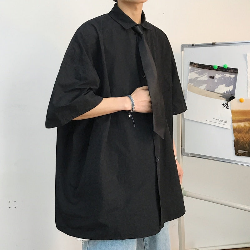 Gotmes Summer New Fashion Loose Solid Shirts Men's  Casual Short Sleeve Shirts Turn-down Collar Clothing Blouses Tops Q02