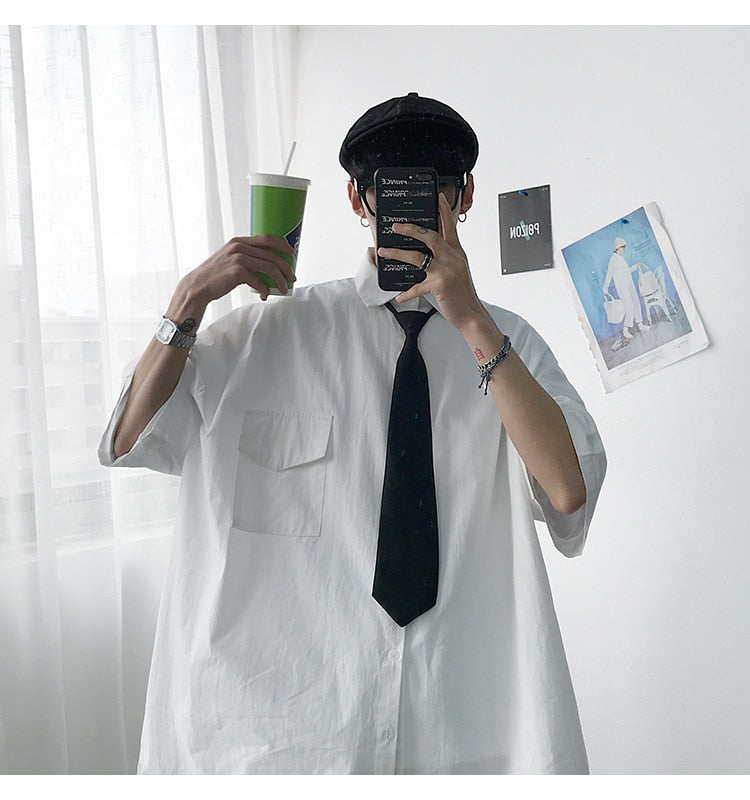 Gotmes Summer New Fashion Loose Solid Shirts Men's  Casual Short Sleeve Shirts Turn-down Collar Clothing Blouses Tops Q02