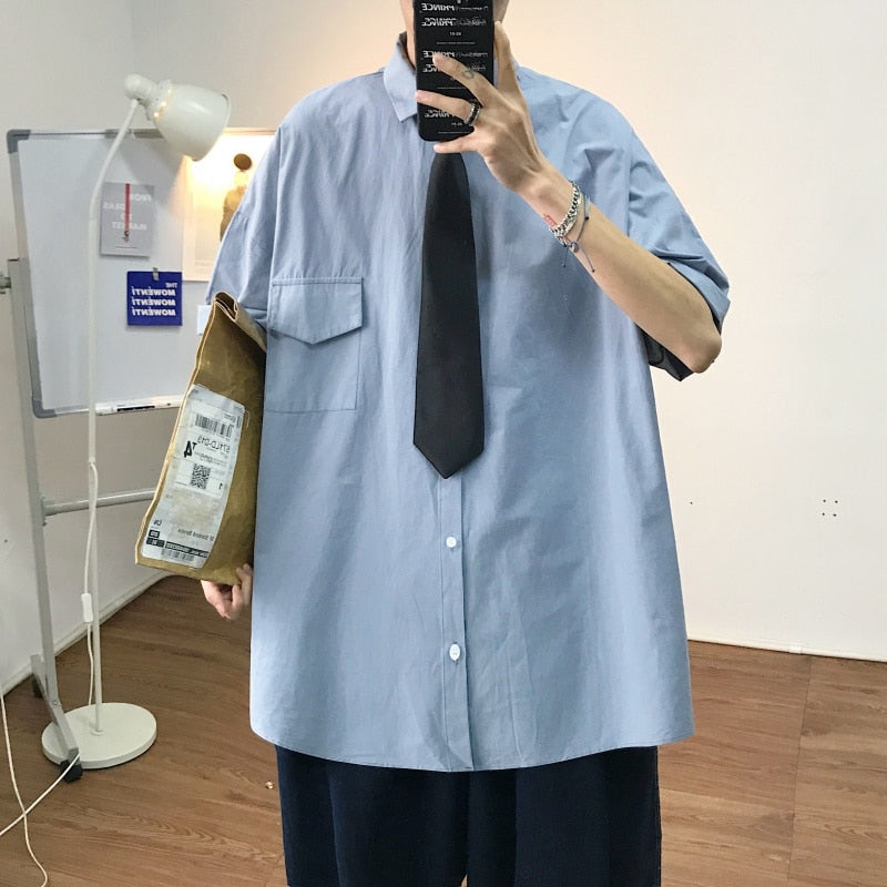 Gotmes Summer New Fashion Loose Solid Shirts Men's  Casual Short Sleeve Shirts Turn-down Collar Clothing Blouses Tops Q02