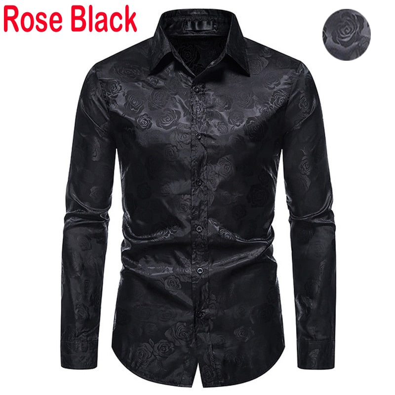 Men's Floral Black Dress Shirts Stylish New Long Sleeve Steampunk Shirt Men Party Club Bar Social Shirt Male Chemise Homme