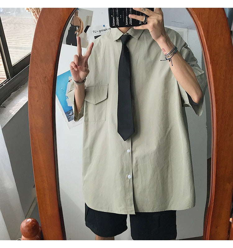 Gotmes Summer New Fashion Loose Solid Shirts Men's  Casual Short Sleeve Shirts Turn-down Collar Clothing Blouses Tops Q02